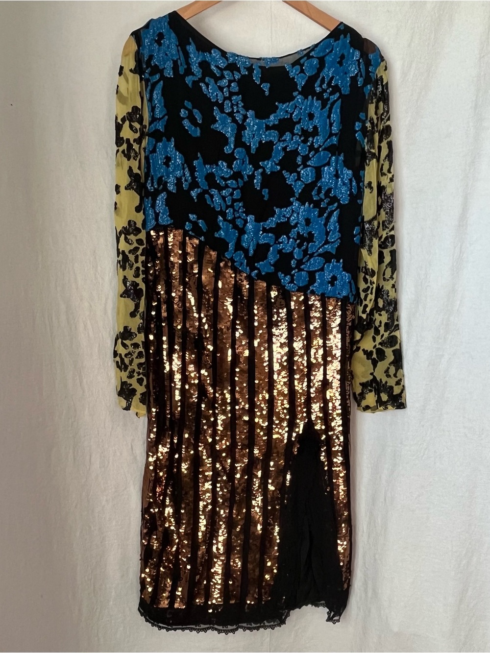 Rachel Comey Dancando Sequin Mixed Media Floral Midi Dress Sz 6 Black Gold Blue